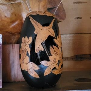 Hand-carved Gourd Vase Hummingbird Vine Black Brown Artisan Cut-Out Design